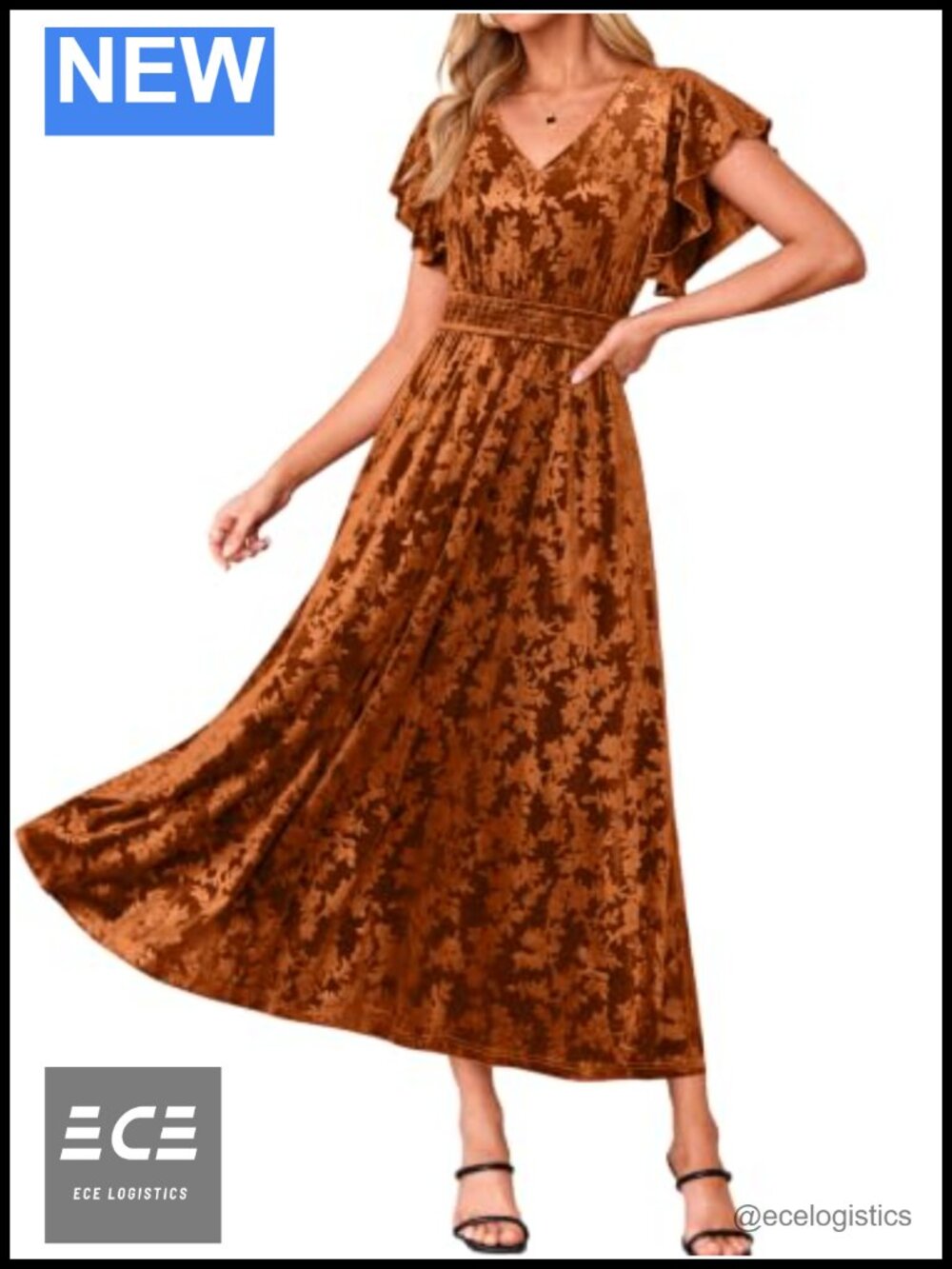 Velvet Floral Maxi Wedding Guest Dress Flutter Sleeve Smocked Waist